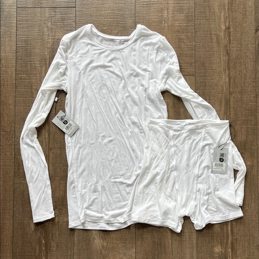 Negative Underwear White Ribbed Long Sleeve Top & Boxer Shorts Set